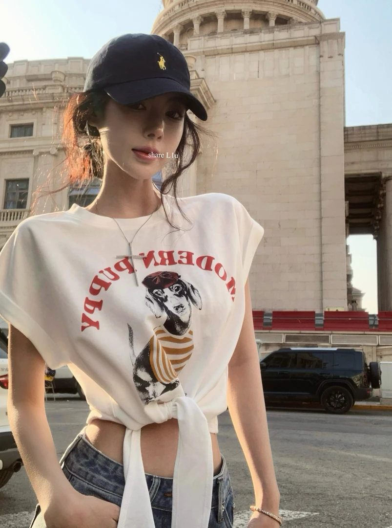 2025夏季新款美式复古百搭印花短袖T恤女设计感绑带显瘦短款上衣