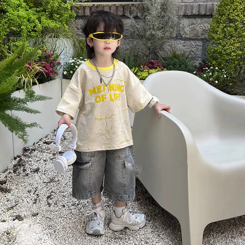 男童夏季韩版短袖套装2025新款儿童洋气炸街中小童男童夏装套装