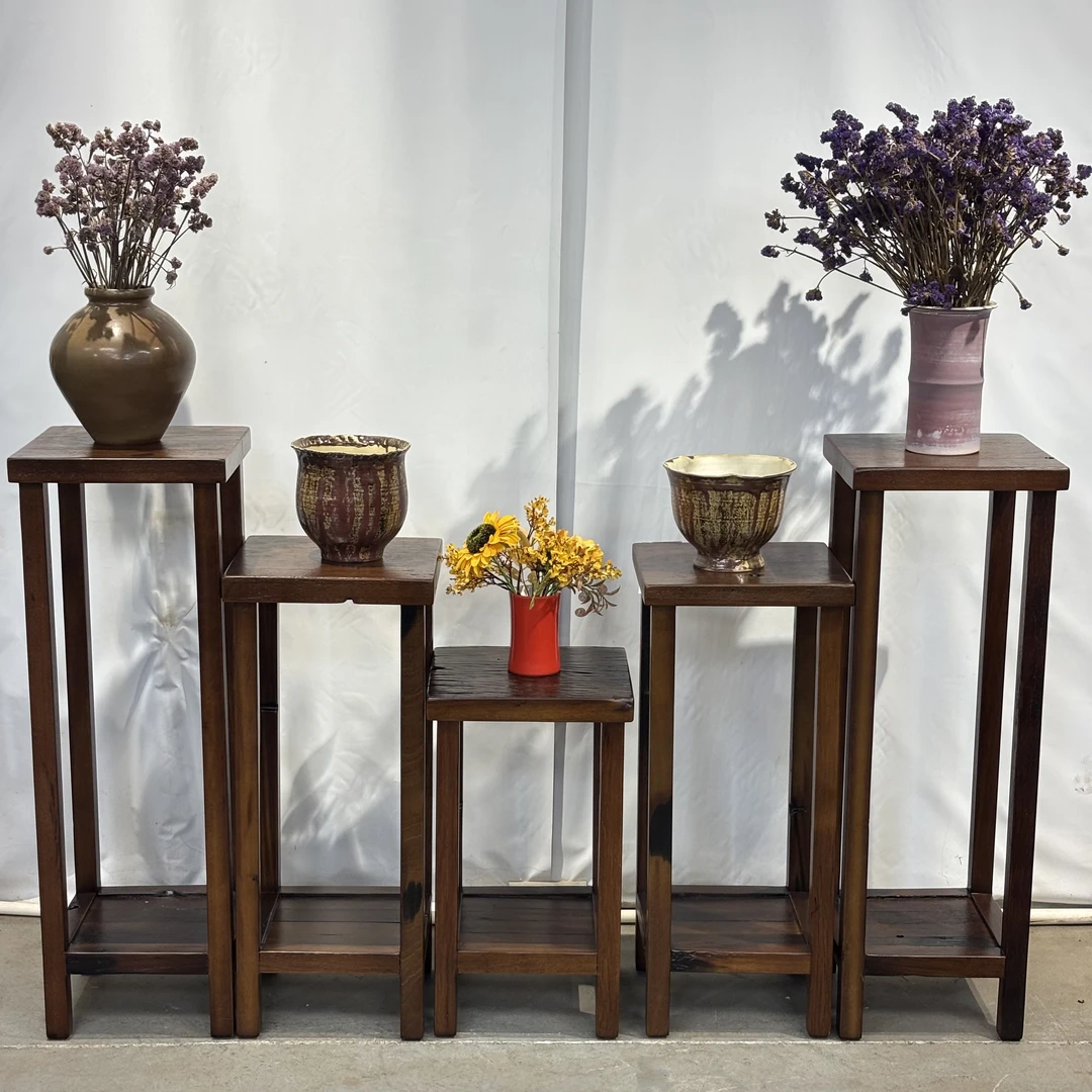老船木简约实木客厅花架玄关摆件架阳台花几落地复古家用书房木墩