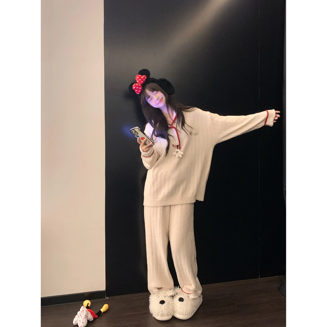 韩系甜美可爱卡通半边绒开衫睡衣女秋冬新款休闲宽松家居服套装