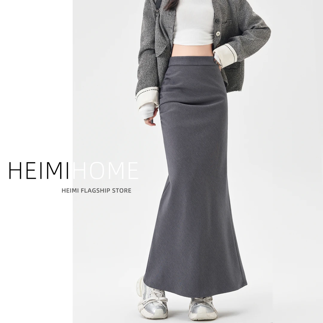 高级感灰色褶皱西装半身裙女春秋季后开叉包臀裙高腰a字鱼尾长裙