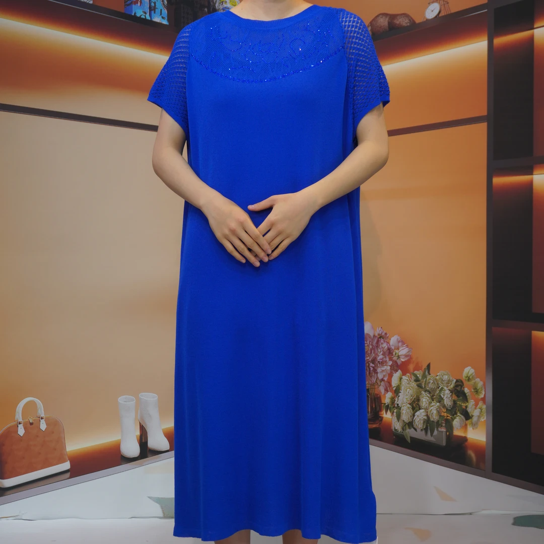颖宝原创 8011蓝 夏季新款纯色镂空时尚百搭气质韩版冰丝连衣裙