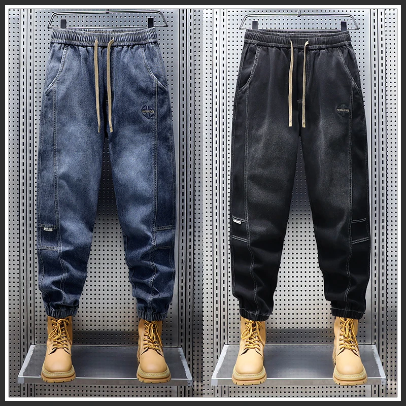 AOPAISHARK/奥派鲨秋季款宽松束脚百搭男士牛仔裤松紧腰潮流长裤