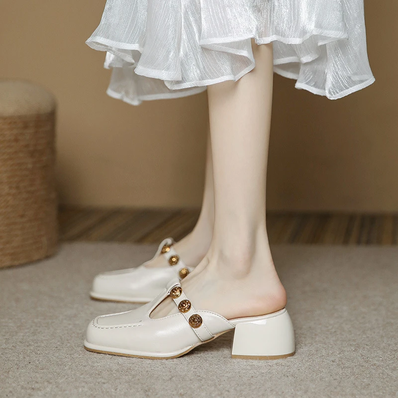 雪汾女鞋冬季日常纯色单鞋高跟中跟橡胶底凉拖鞋法式百搭