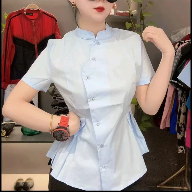 立领短袖彩色修身舒适弹力新品棉质衬衫女夏季设计感优雅甜美衬衣