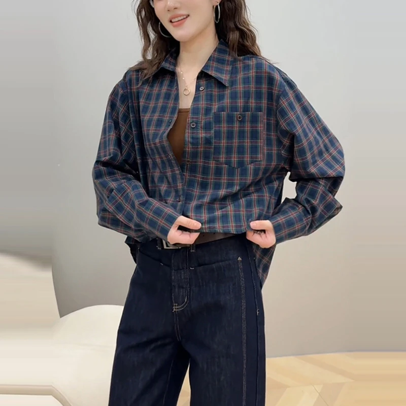 法式假两件格子长袖衬衫女早秋设计感宽松慵懒风气质前短后长上衣