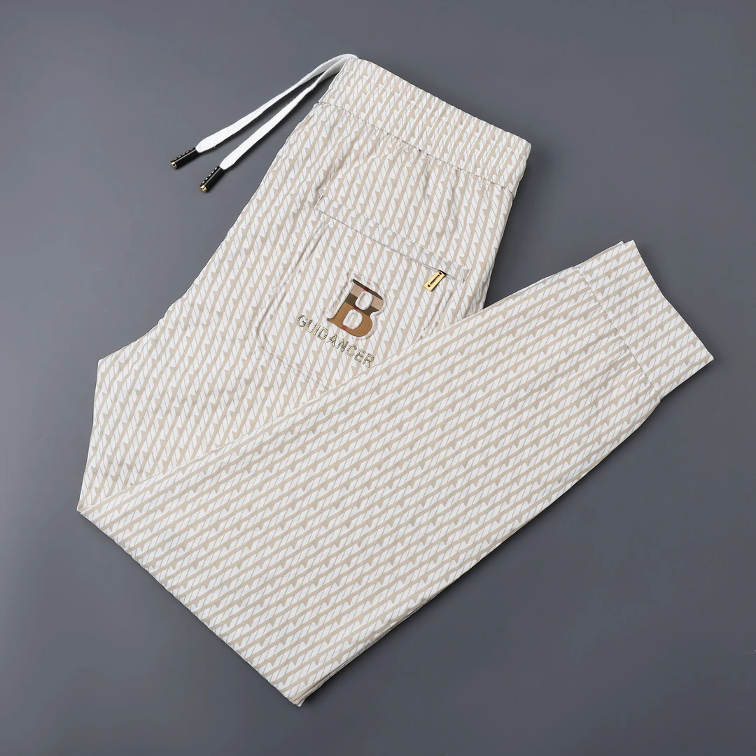 春夏薄款冰丝竖条纹男士休闲裤3D立体印花束脚裤潮流修身弹力男裤