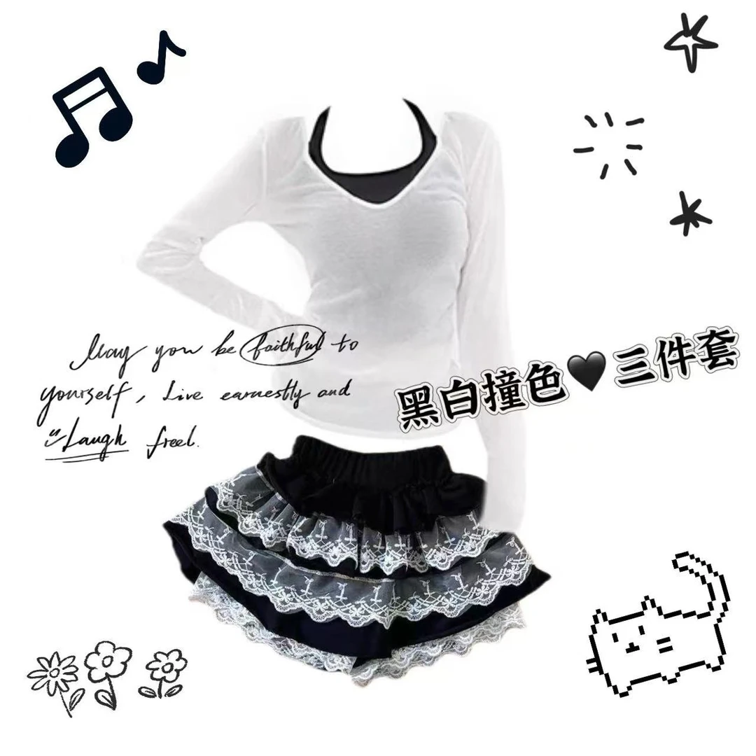 【黑白撞色三件套】黑挂脖吊带内搭打底热显身材小上衣性感辣妹套装