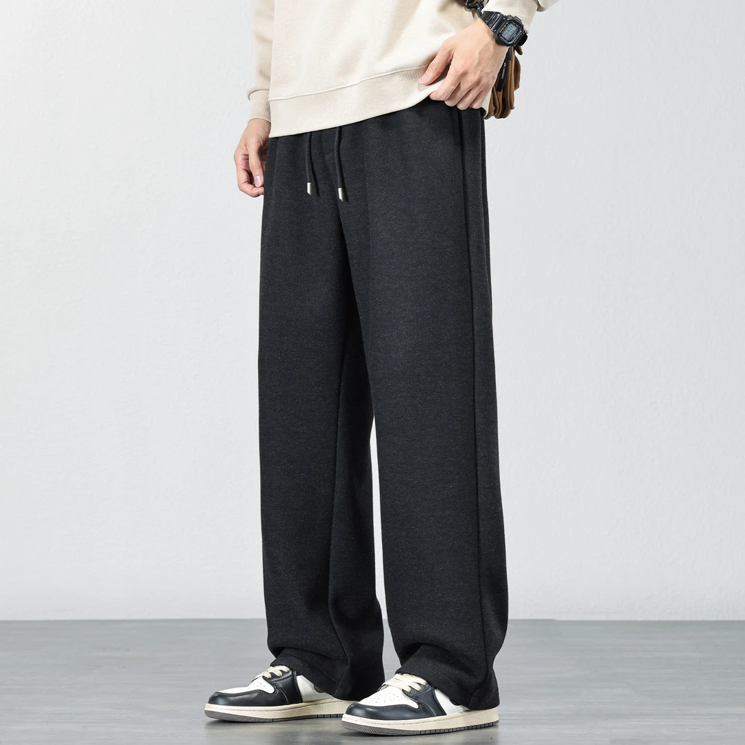 美式高街绵羊毛休闲裤男2025秋冬季宽松弹力针织加绒运动直筒卫裤
