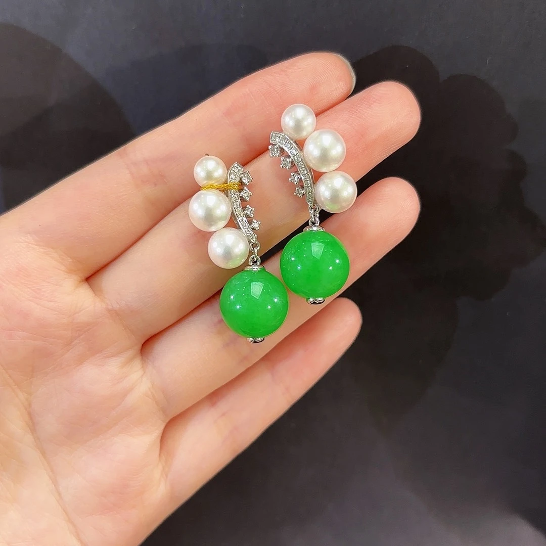 翡翠18K金镶嵌耳饰翡翠圆珠耳环多人不退不换