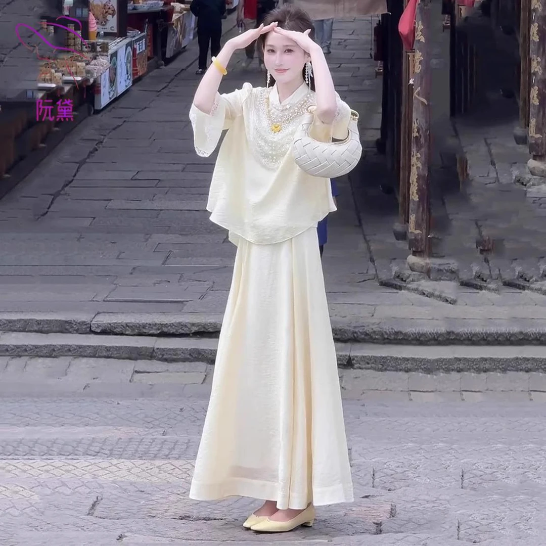 画枕眠2025夏季新款女大码改良旗袍国风复古气质装衬衫半身裙套装