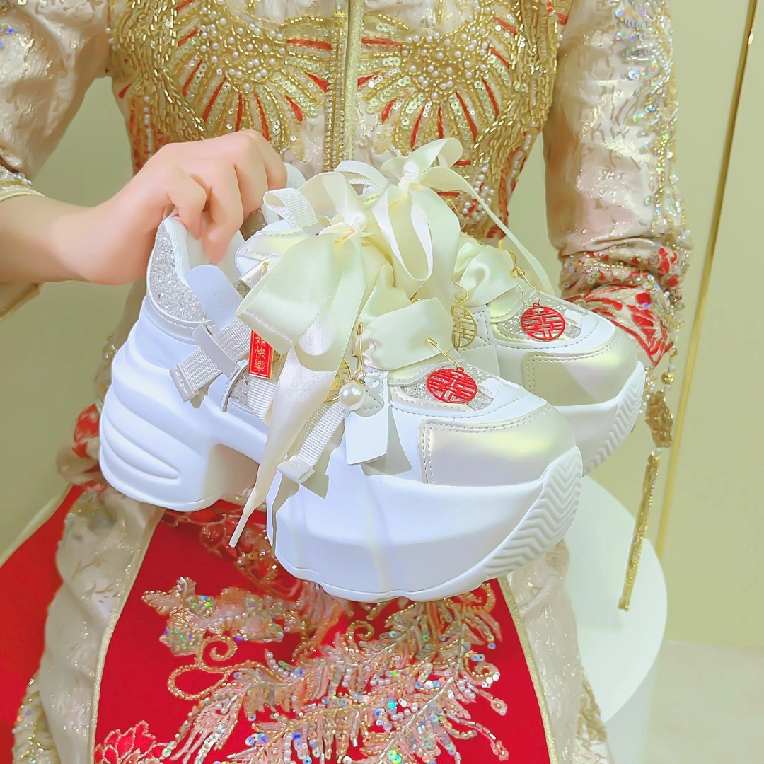 小个子厚底高跟婚鞋女香槟色新娘鞋秀禾婚纱两穿增高老爹鞋不累脚