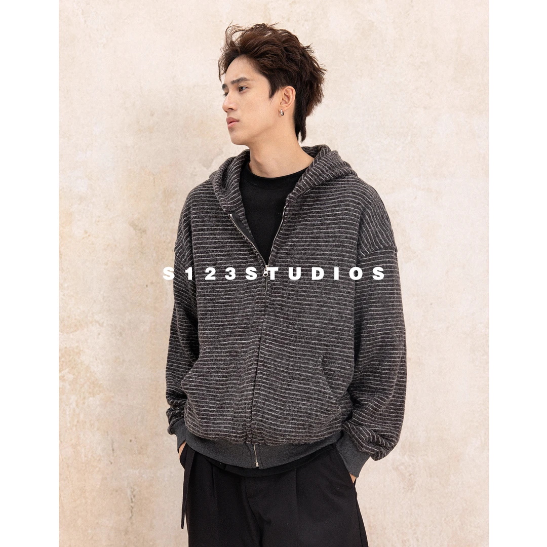 2025早秋新品 美式复古条纹开衫卫衣高级感慵懒风休闲外套男