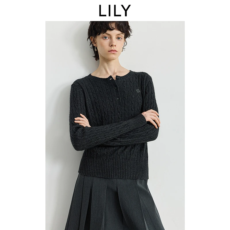 LILY2025冬新款女装羊毛兔毛混纺老钱风亨利领针织衫125409TK953