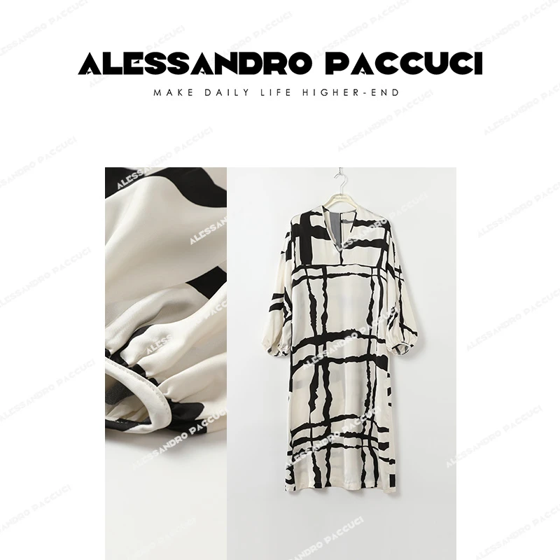 AP洛哥42041LL【欢悦假日】人丝缎几何印花灯笼袖V领撞色连衣裙