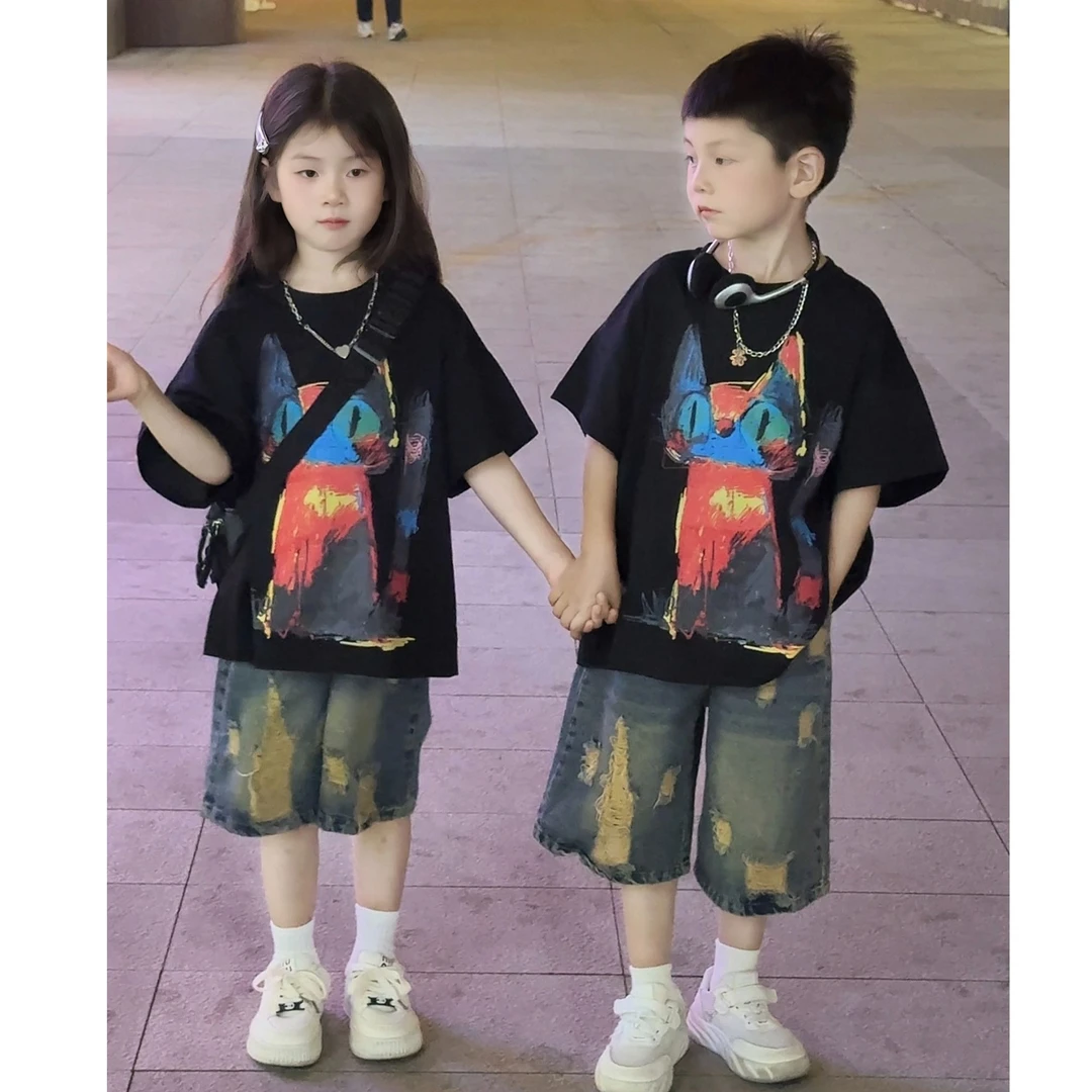 男女童夏季套装新款洋气儿童短袖T恤印花韩版休闲牛仔裤两件套