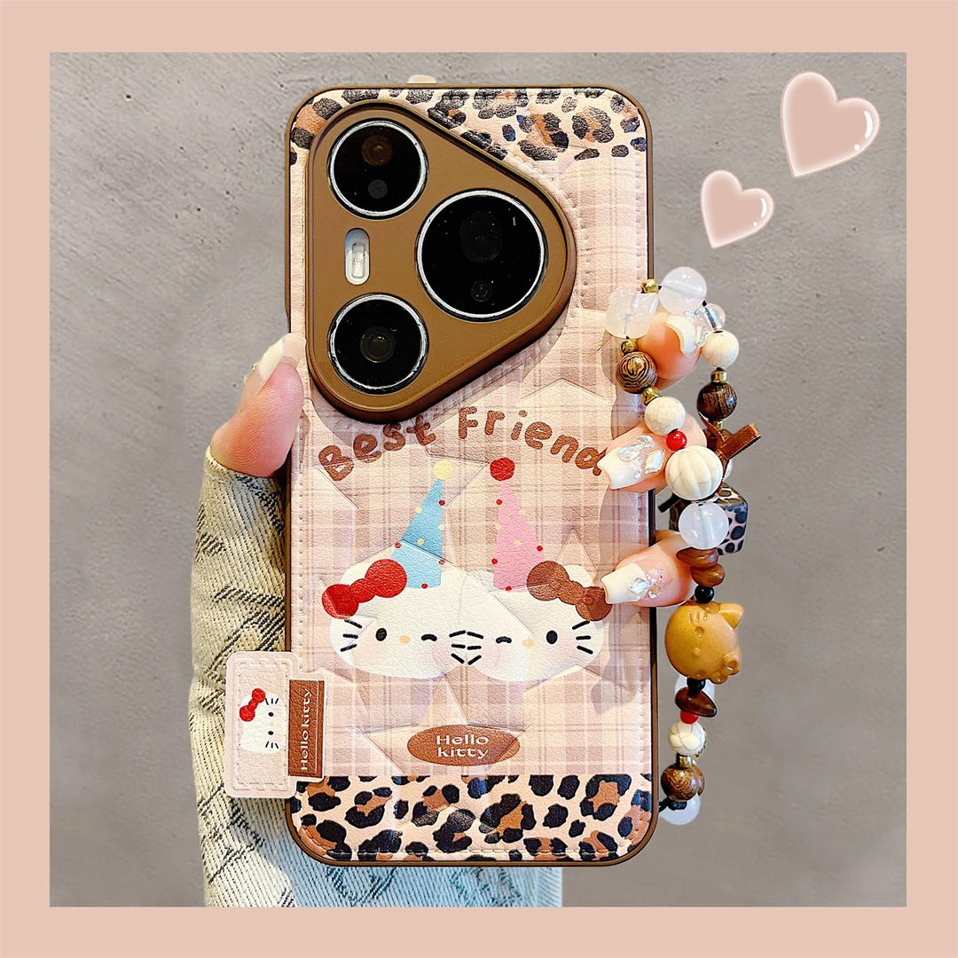 适用华为pura80pro+手机壳pura70pro卡通日韩ins豹纹格纹长帽KT猫