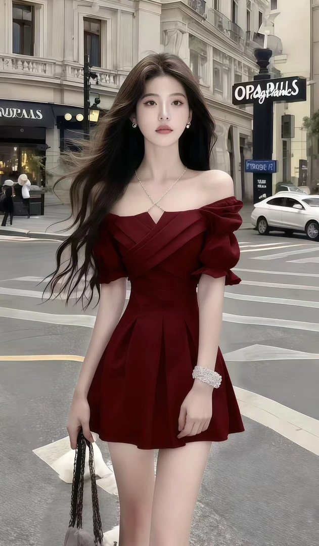 温柔纯欲千金风酒红色一字肩露肩收腰显瘦连衣裙时尚气质高端女装