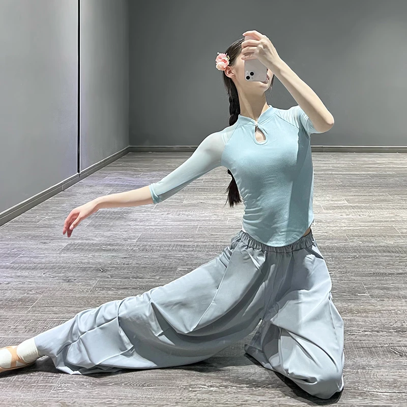 古典舞旗袍立领上衣飘逸纱衣女练功服表演服中国舞身韵舞蹈服长袖