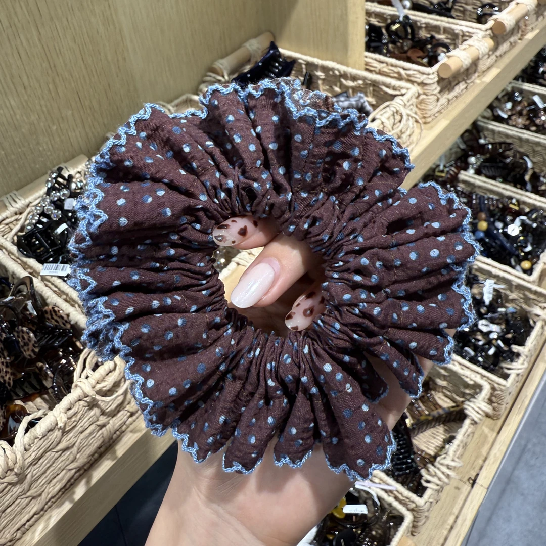 韩系风咖色波点撞蓝边百搭洋气