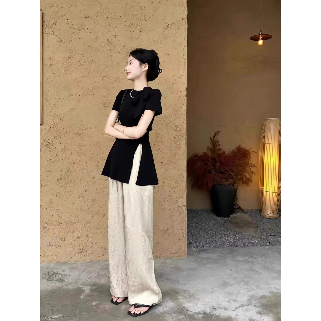 【气质穿搭】时尚套装女夏设计感蝴蝶结系带开叉T恤+高腰休闲阔腿裤