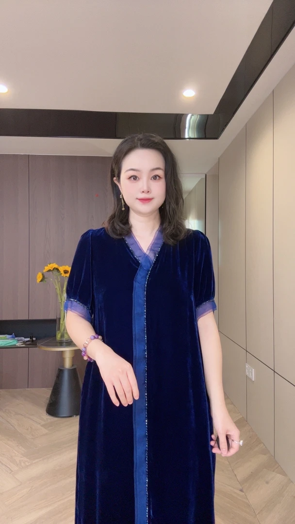 YS253v领宝蓝袖口网纱真丝丝绒女士中长款桑蚕丝连衣裙m115