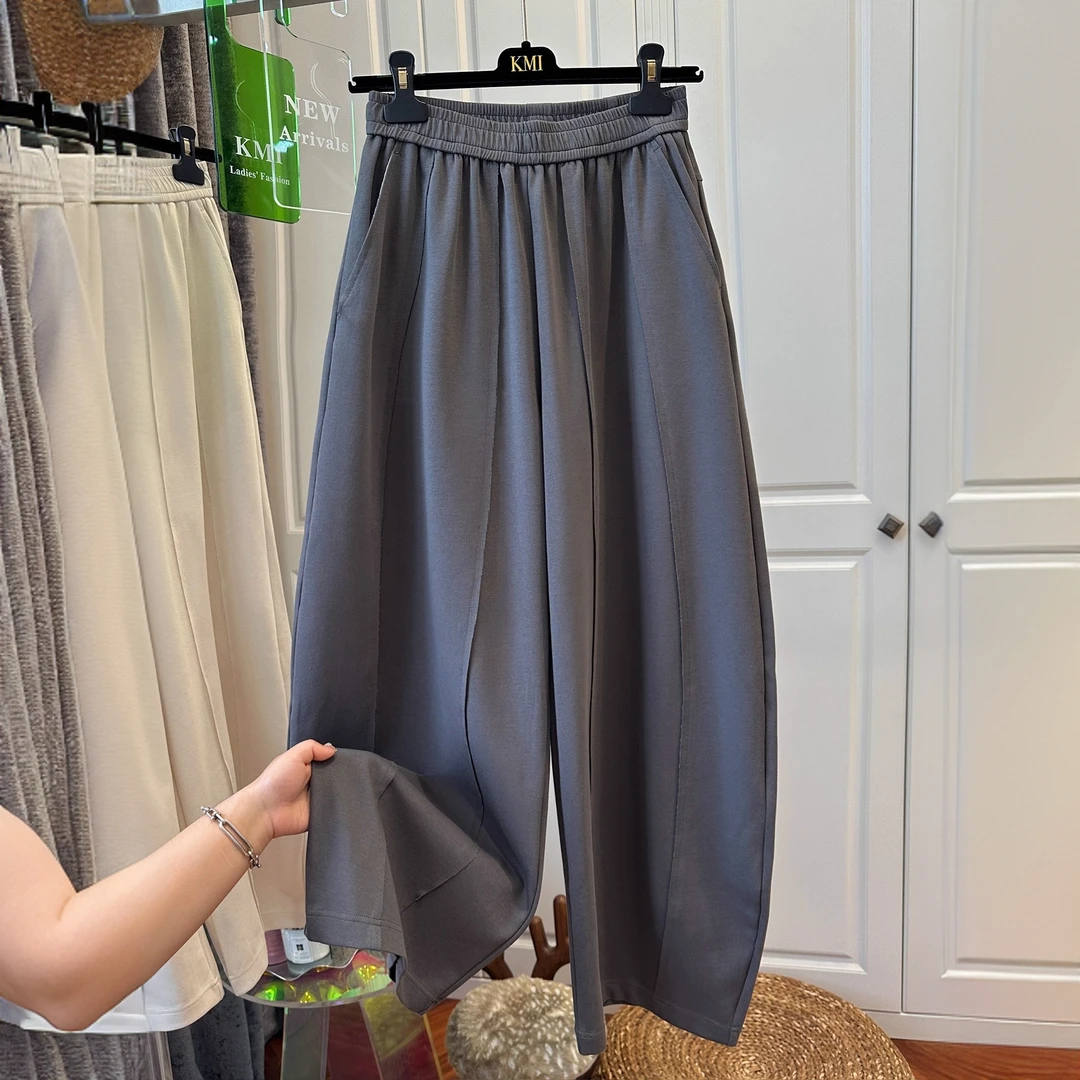 韩系今年流行明线设计纯色松紧腰休闲裤女弯刀裤毛边百搭2025早秋