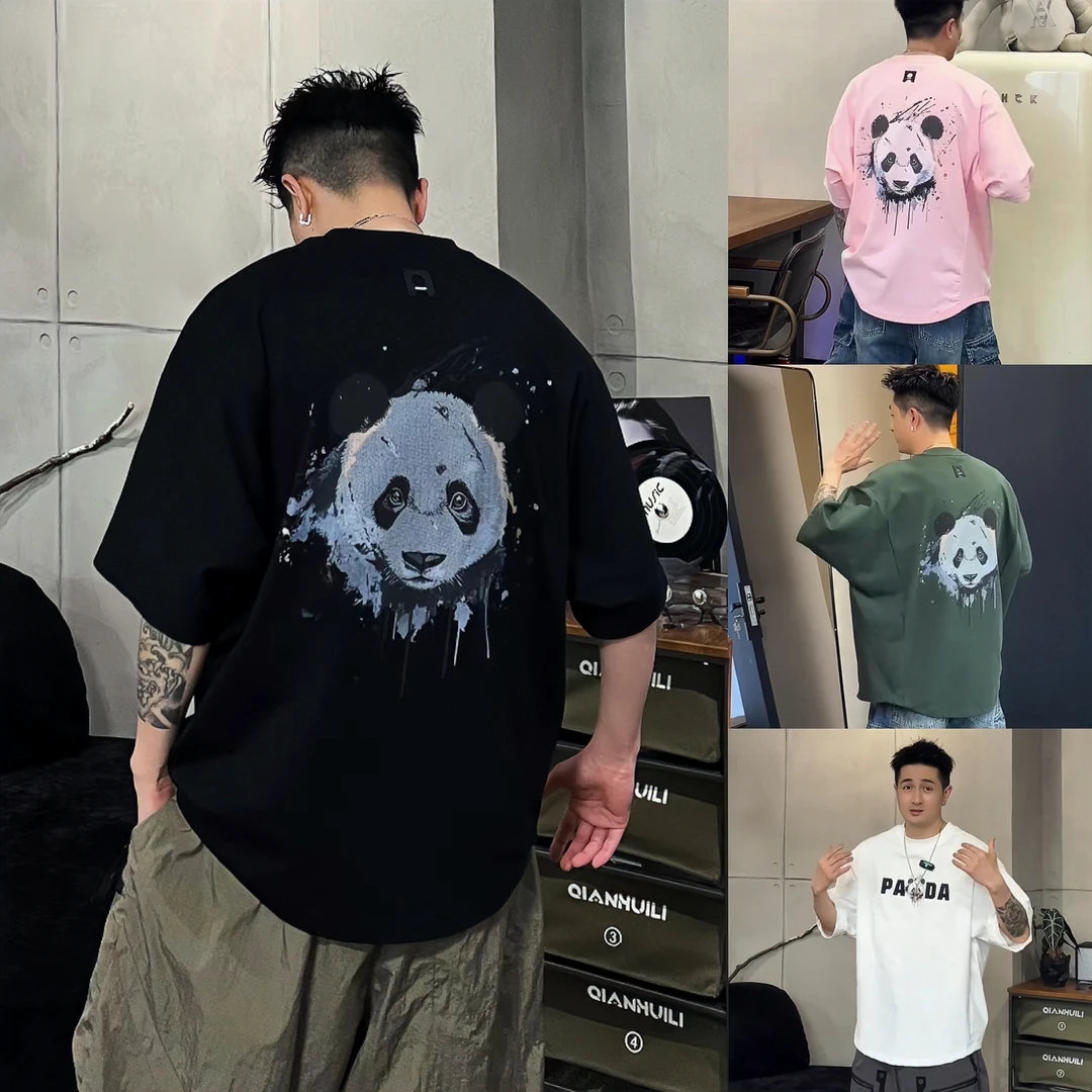 爆款美式休闲宽松短袖T恤上衣男士重工熊猫涂鸦潮流痞帅圆领半袖T