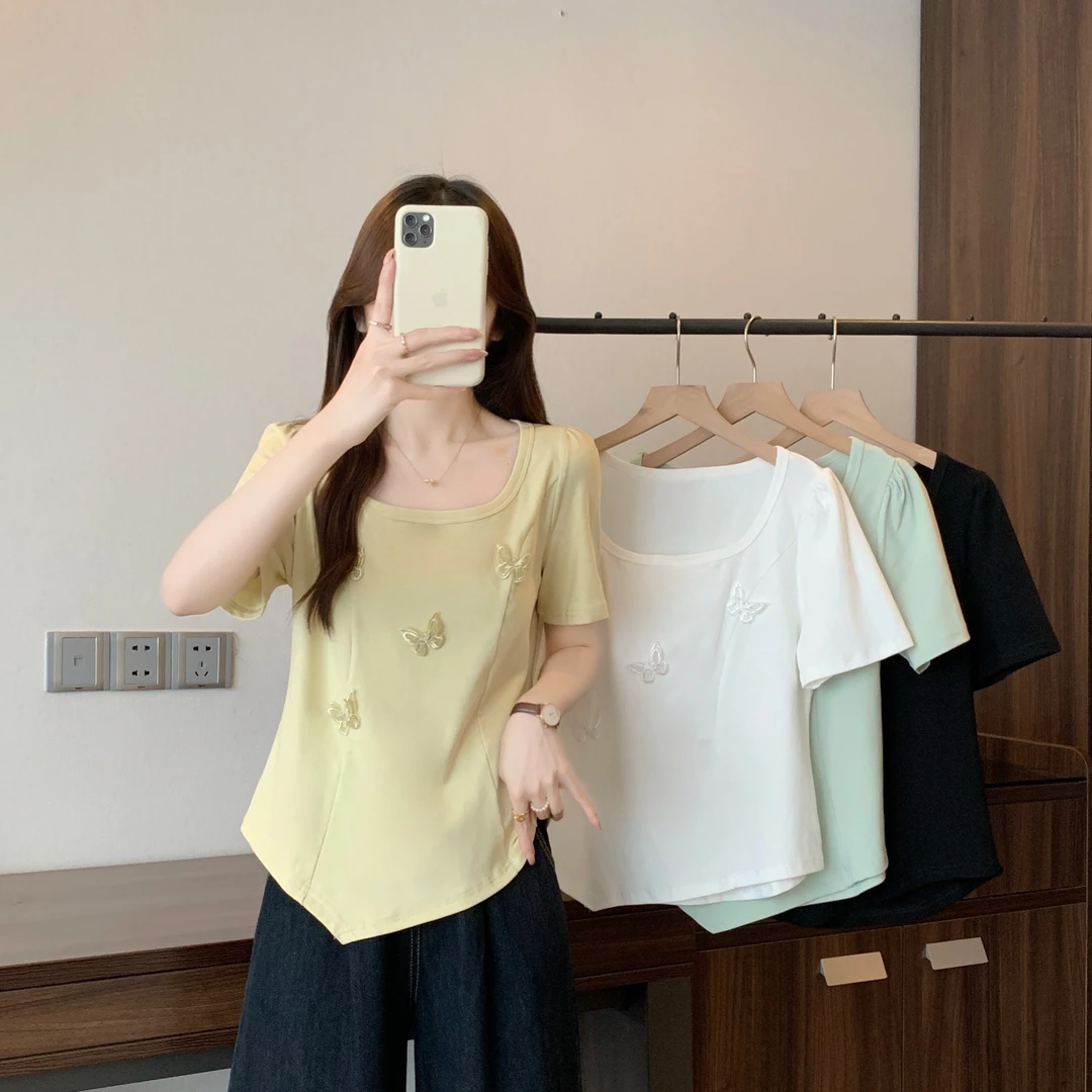 【涵胖胖】清夏季立体蝴蝶刺绣短袖T恤设计感正肩修身上衣64530【B】