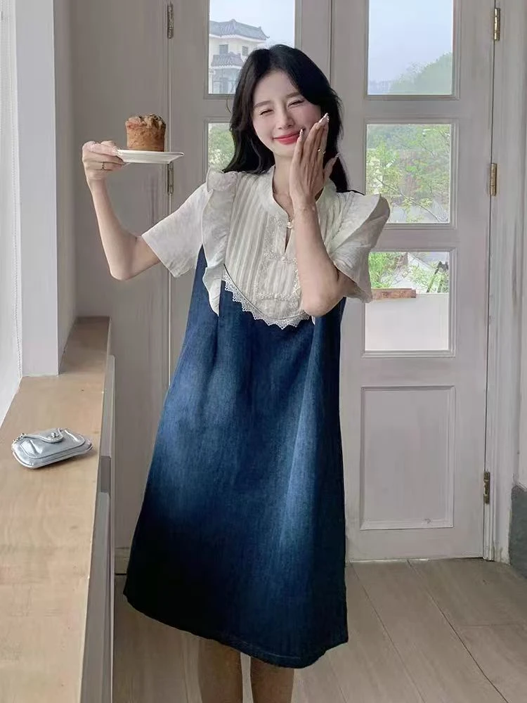 新中式牛仔拼接连衣裙显瘦复古减龄宽松