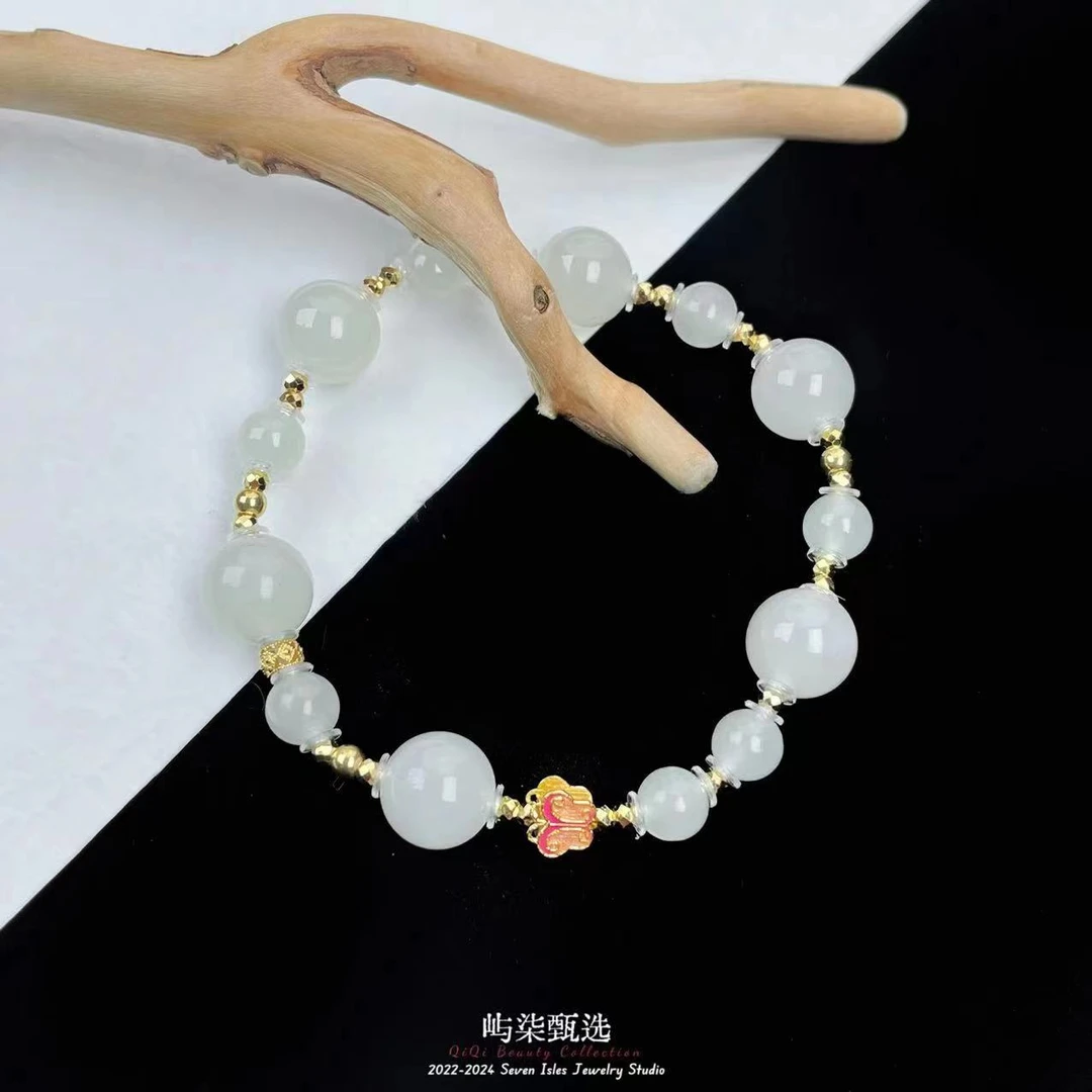 【要努力】F325 和田玉18k金镶嵌 冰烟紫18k蝴蝶牌大小珠手串