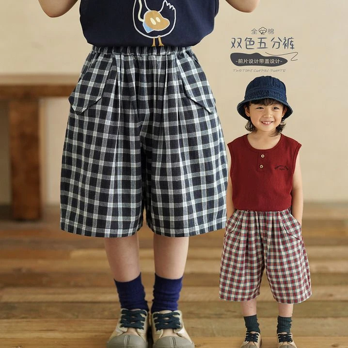 砚台家儿童纯棉格子短裤2025夏装新款男童薄款五分裤中小童休闲裤