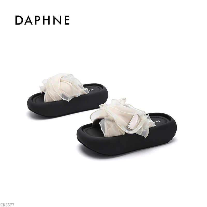 达芙妮蕾丝边拖鞋女2025夏季新款专柜正品增高松糕底外穿凉拖鞋