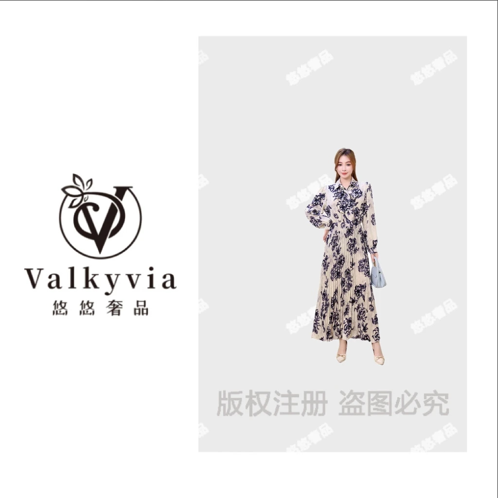 Valkyvia/悠悠奢品秋季新款气质荷叶边收腰植绒印花连衣裙Q25064Q