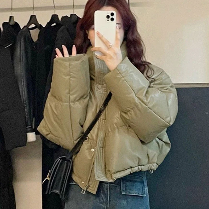 肯豆风pu皮黑色棉服外套女小个子2025冬季新款韩版立领短款面包服