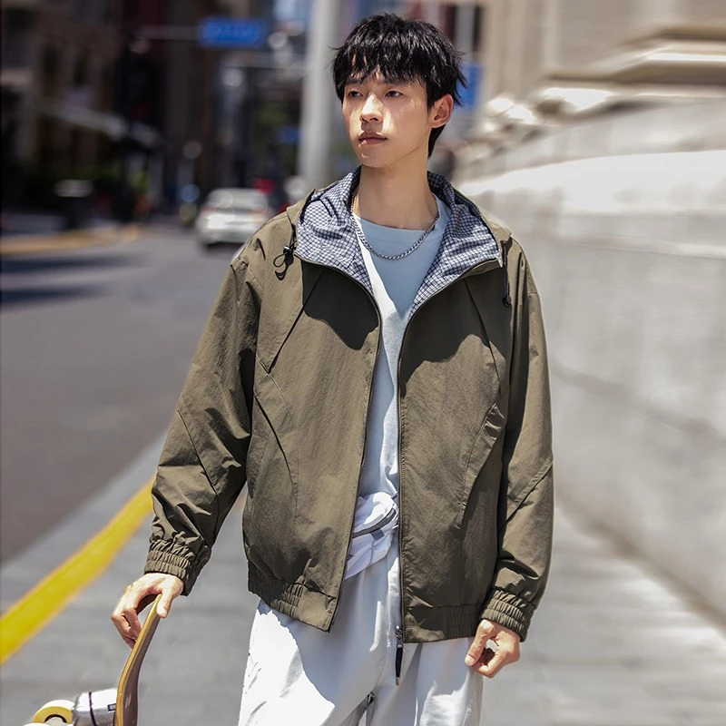 【双面穿】春秋季日系复古纯色连帽外套潮牌户外情侣宽松登山服夹克