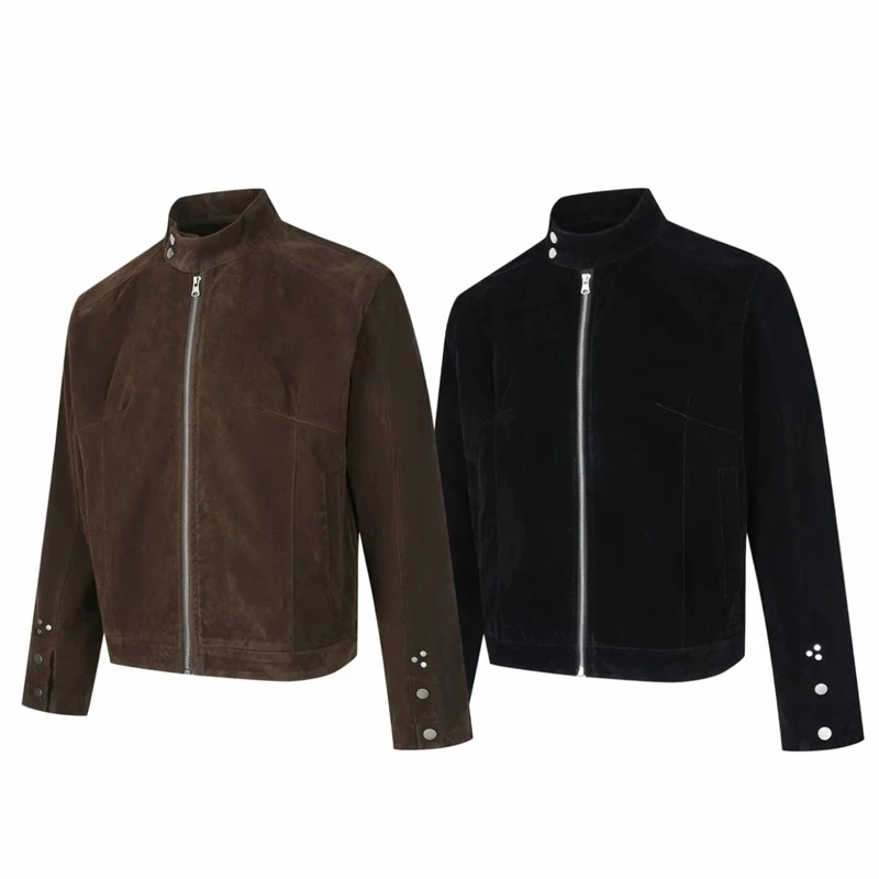 井鹤秋装新款美式街头复古反绒短款哈灵顿夹克外套