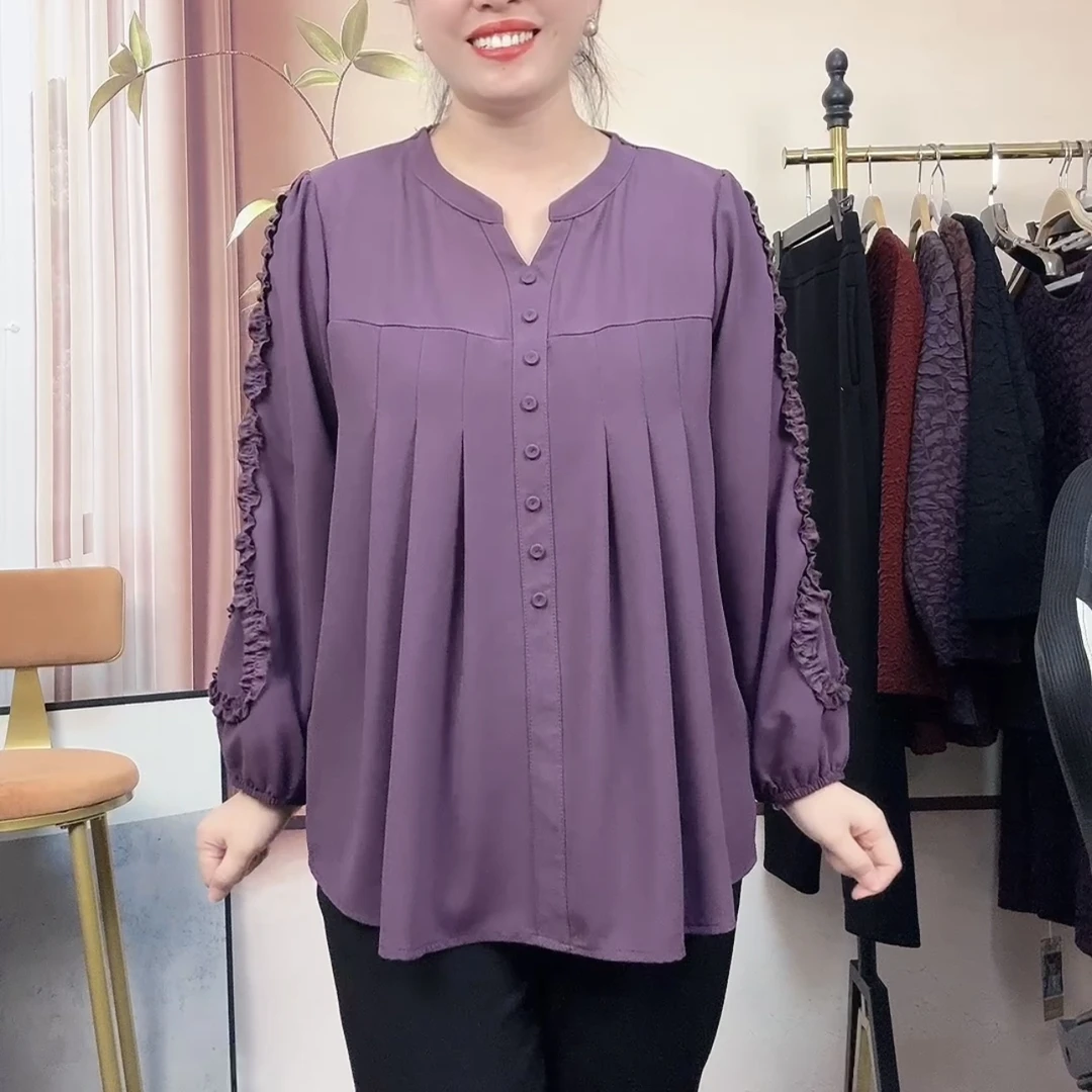 高档大码女装风琴压褶宽松遮肚显瘦时尚休闲洋气小衫2025春季新款