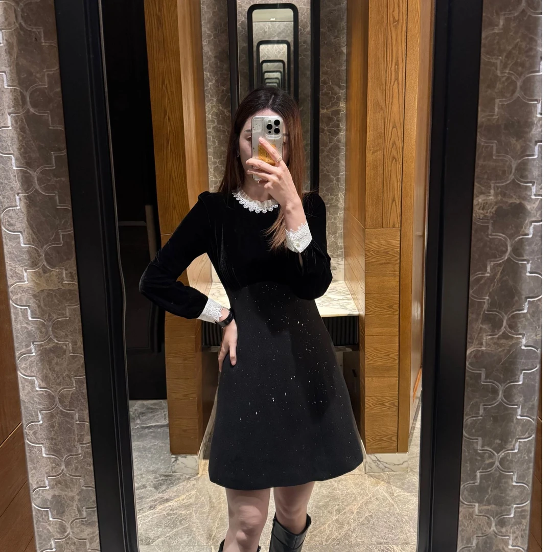 【DL高端定制】设计感丝绒拼接显瘦连衣裙8156