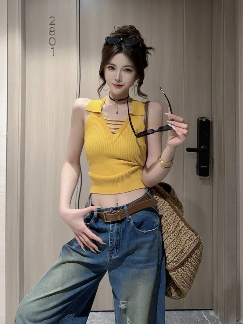 【CCDZ】夏季新品时尚设计感Paolo领无袖针织上衣女