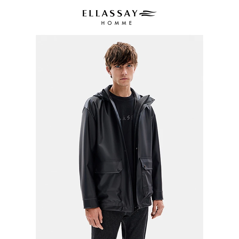 ELLASSAY歌力思秋冬新款雾面哑光PU皮连帽宽松防水夹克皮衣外套男