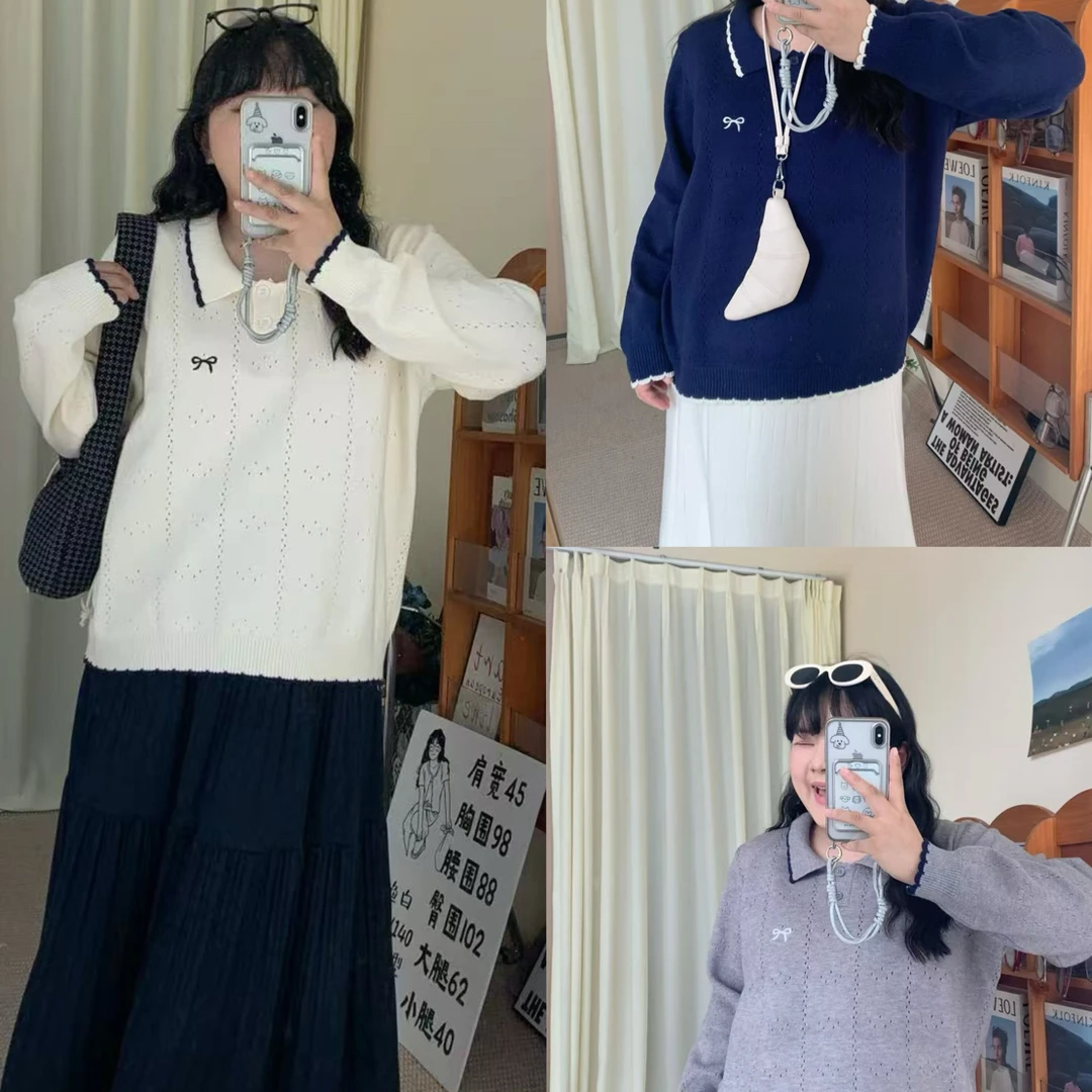 9005大码女装翻领蝴蝶结刺绣套头软糯毛衣休闲宽松显瘦针织上衣