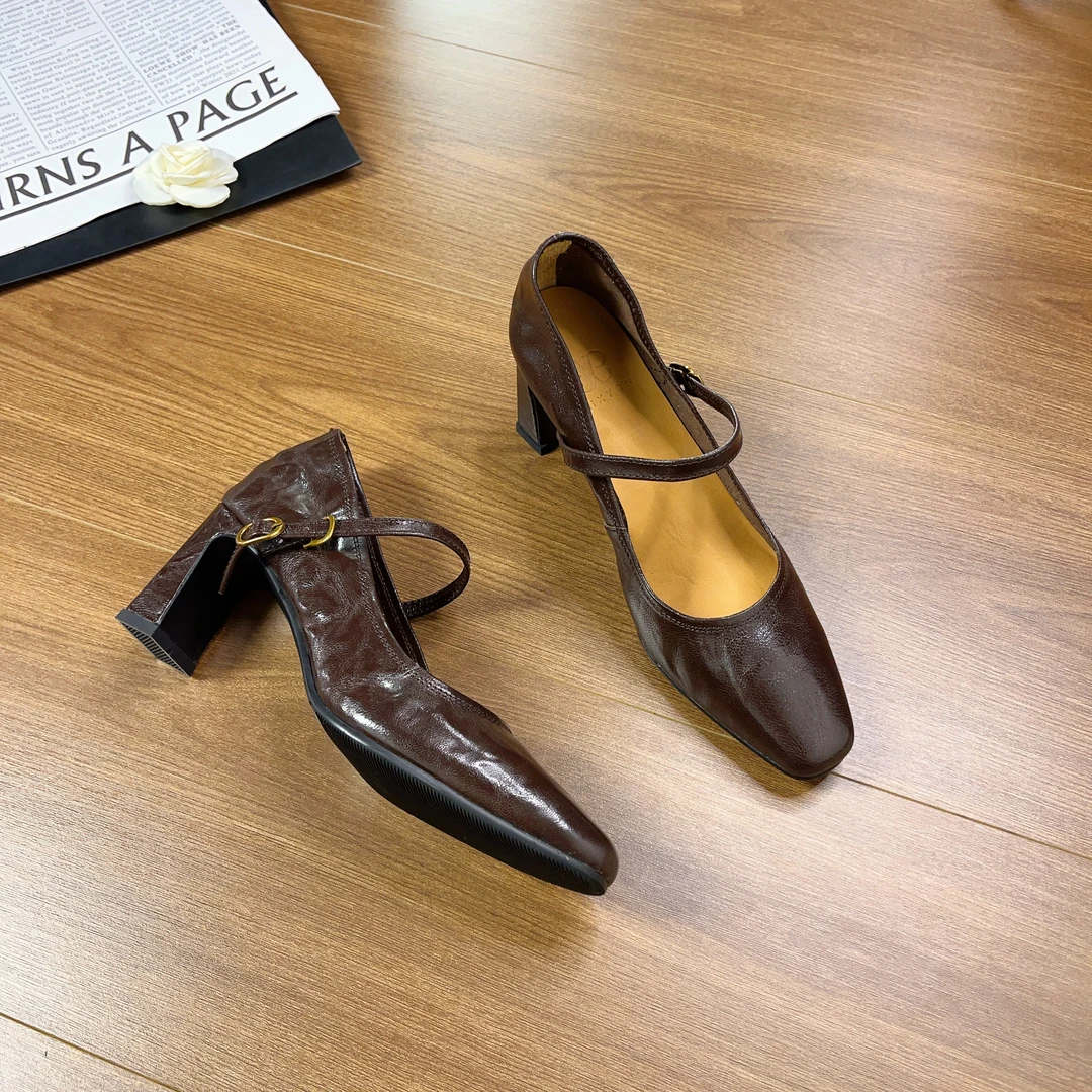 Manobellen软皮玛丽珍高跟鞋女粗跟单鞋百搭小众复古方头通勤女鞋