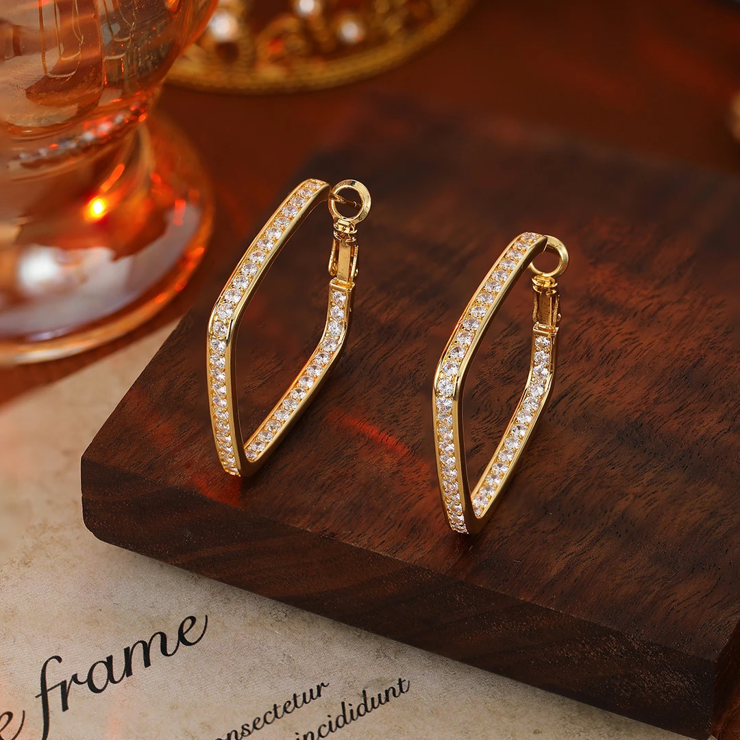 铜合金锆石耳饰 夸张轻奢锆石方形圈银针耳环森系高级设计感耳饰