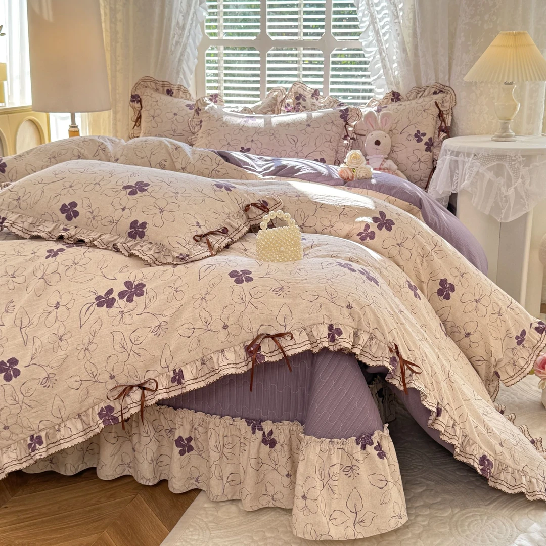 新款法式棉麻被套床盖四件套加厚花边款被罩四季通用防滑床品套件