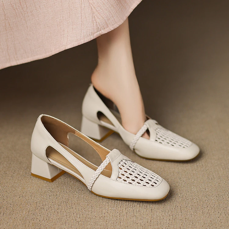 牛皮版~法式凉单鞋女夏季新款镂空透气低跟方头绝美配裙玛丽珍鞋