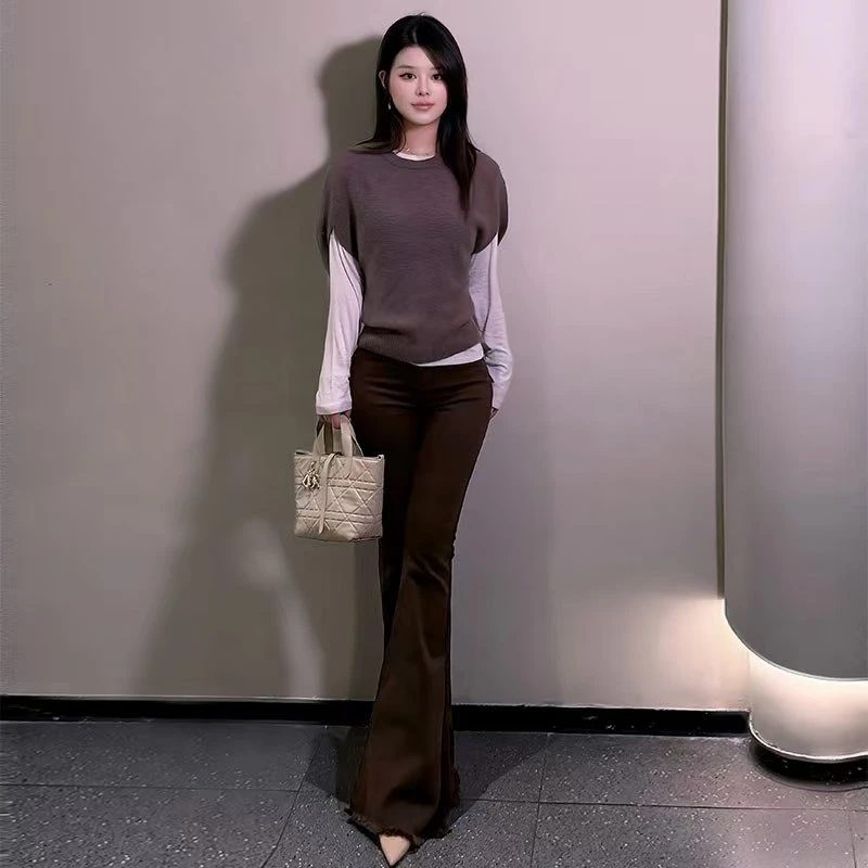 张百亿美式咖色微喇牛仔裤女棕色高腰美拉德喇叭裤显瘦修身微喇裤