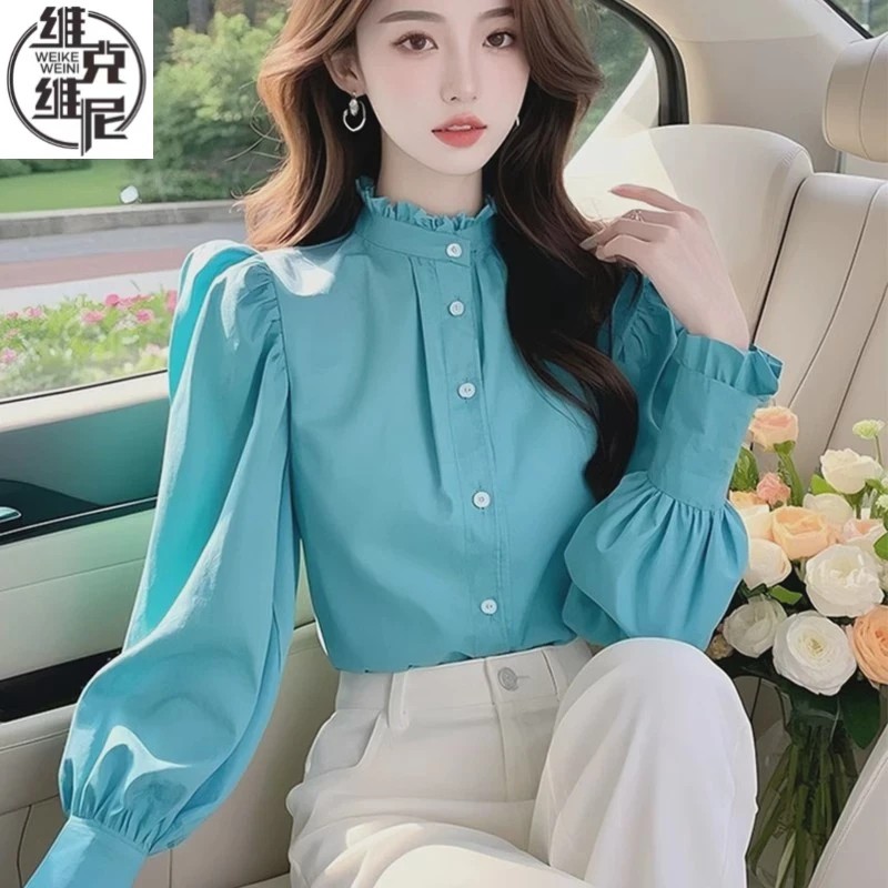 高级感蓝色立领衬衫女2025春季新款轻奢减龄洋气独特别致漂亮小衫