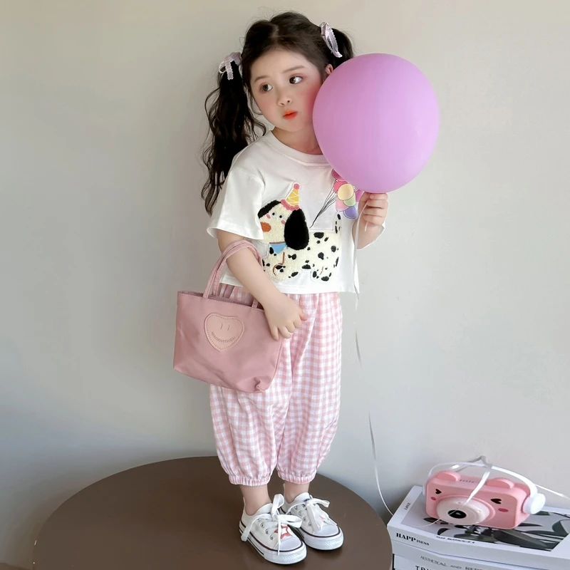 女童夏装短袖套装2025新款儿童T恤格子裤时髦两件套宝宝夏季衣服