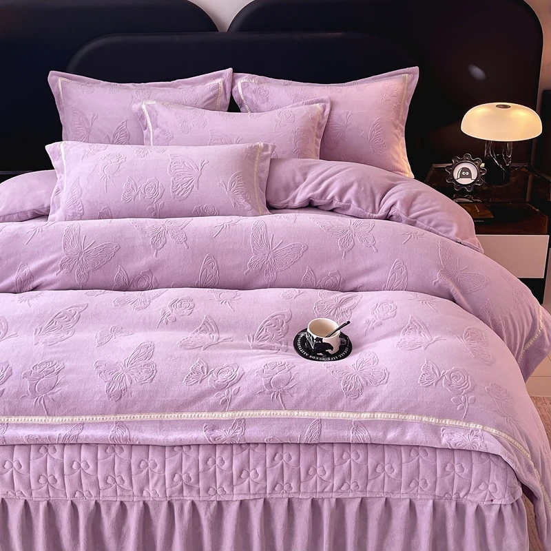 织芳居 冬季时尚轻奢高克重牛奶绒床单床盖四件套